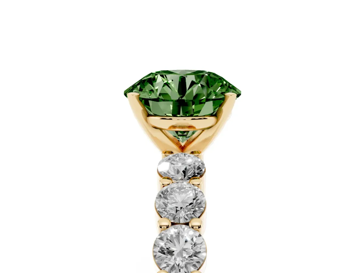 Fancy Green Round Cut Diamond Solitaire Ring with Shared Prong Round Side Stones Yellow gold