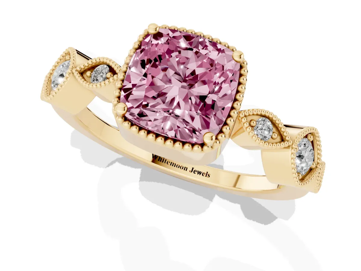 Fancy Pink Cushion Cut Diamond Vintage Milgrain Ring with Round Stations Yellow gold