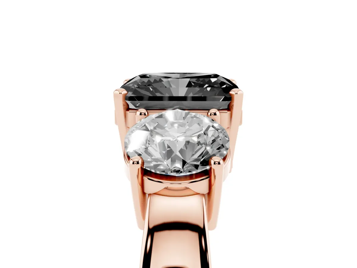 Fancy Black Three-Stone Radiant Cut Diamond Ring with Round Side Stones, Classic Band, and Four-Prong Setting Rose gold