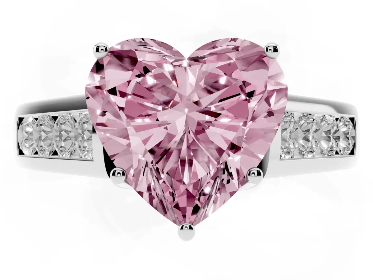 Fancy Pink Heart Cut Brilliant Channel-Set Solitaire Ring with Four-Prong Setting Platinum