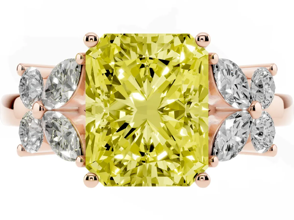 Fancy Yellow Radiant Cut Diamond Floral Cluster Ring with Solitaire Band and Prong Setting Rose gold