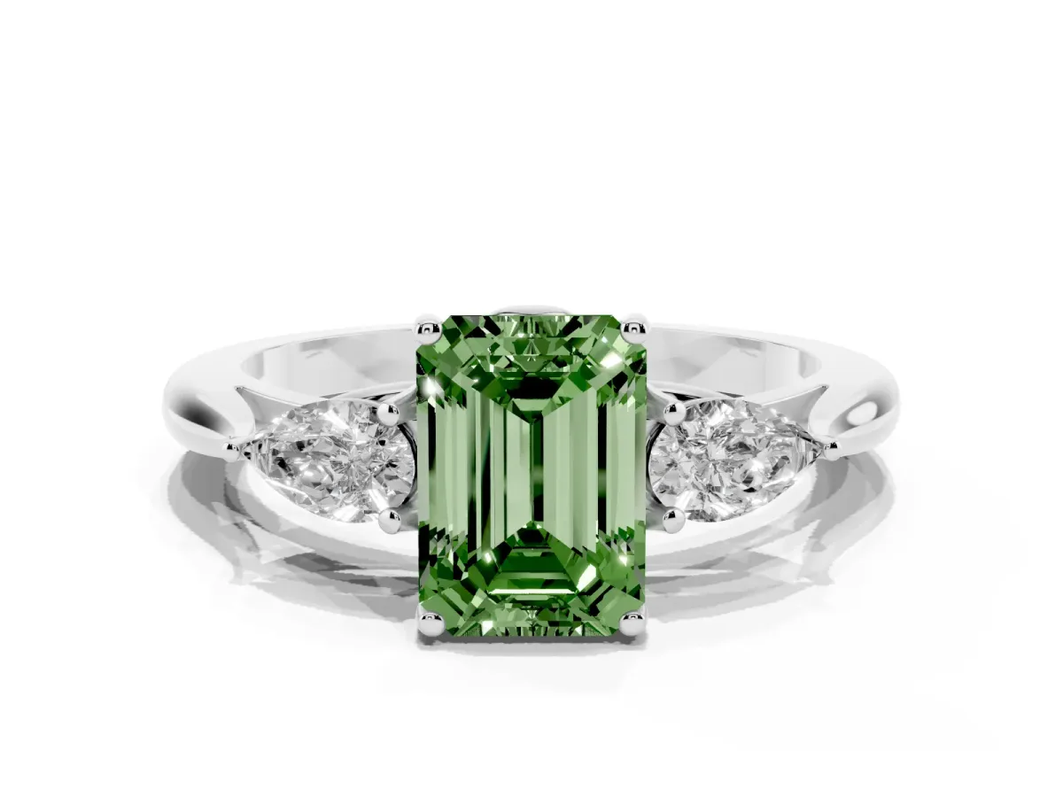 Fancy Green Three-Stone Emerald Cut Brilliant Diamond Solitaire Ring with Tapered Band and Four-Prong Setting White gold