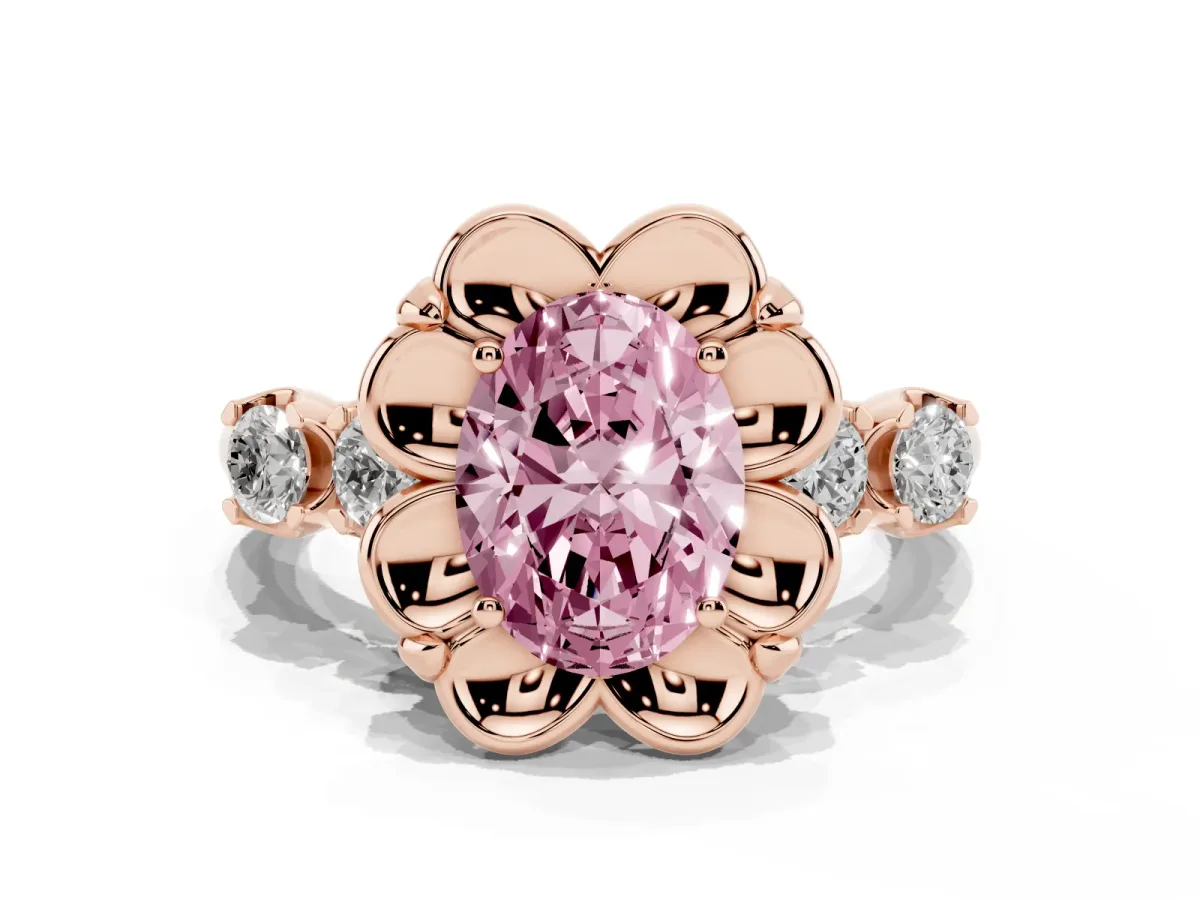 Fancy Pink Oval Cut Cut Diamond Floral Halo Engagement Ring with Shared Prong Setting Rose gold