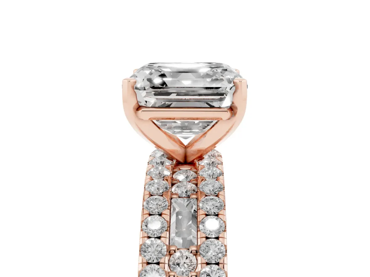 Asscher Cut Diamond Solitaire Ring with Pavé and Channel Set Band Rose gold