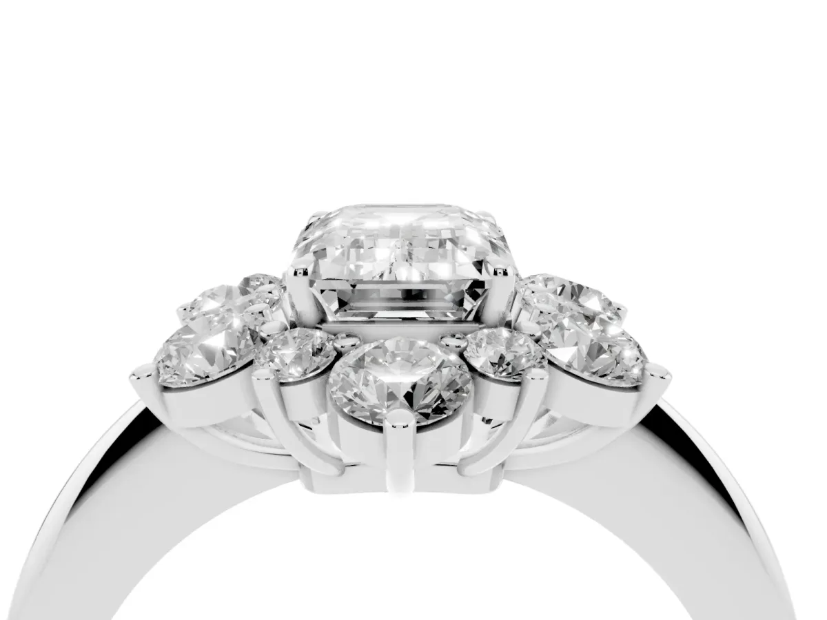 Emerald Cut Diamond Cluster Halo Ring with Solitaire Band and Four-Prong Setting Silver