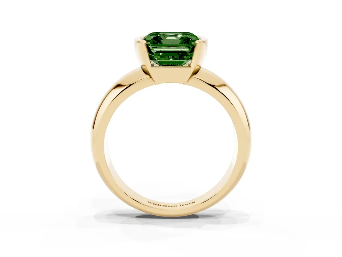 Fancy Green Asscher Cut Solitaire Tension Set Diamond Ring with Wide Band Yellow gold