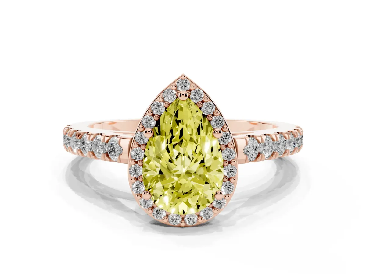 Fancy Yellow Pear Cut Cut Halo Diamond Engagement Ring with Pave Band and Four-Prong Setting Rose gold