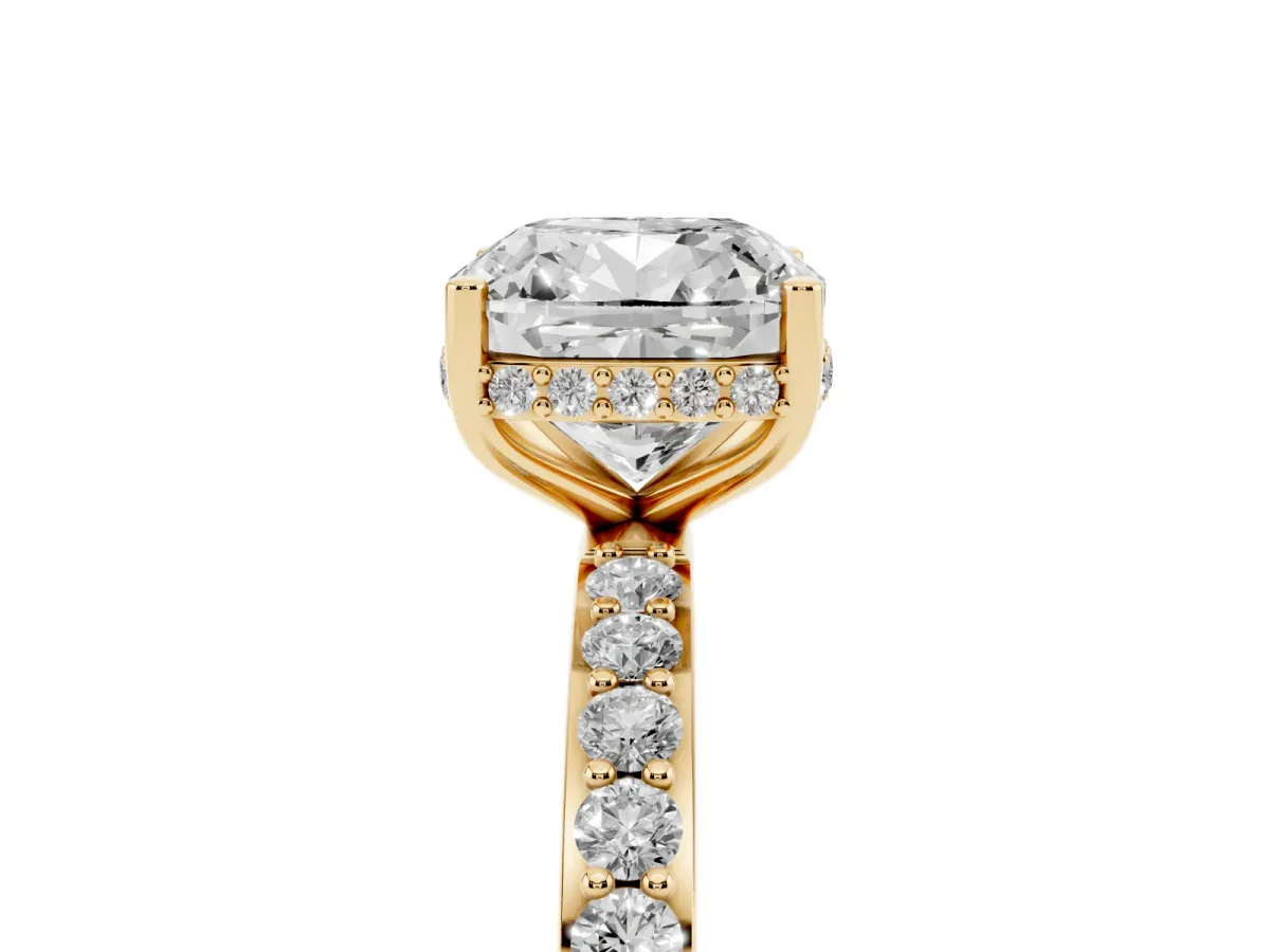Cushion Cut Diamond Solitaire Ring with Pavé Band and Hidden Halo Yellow gold