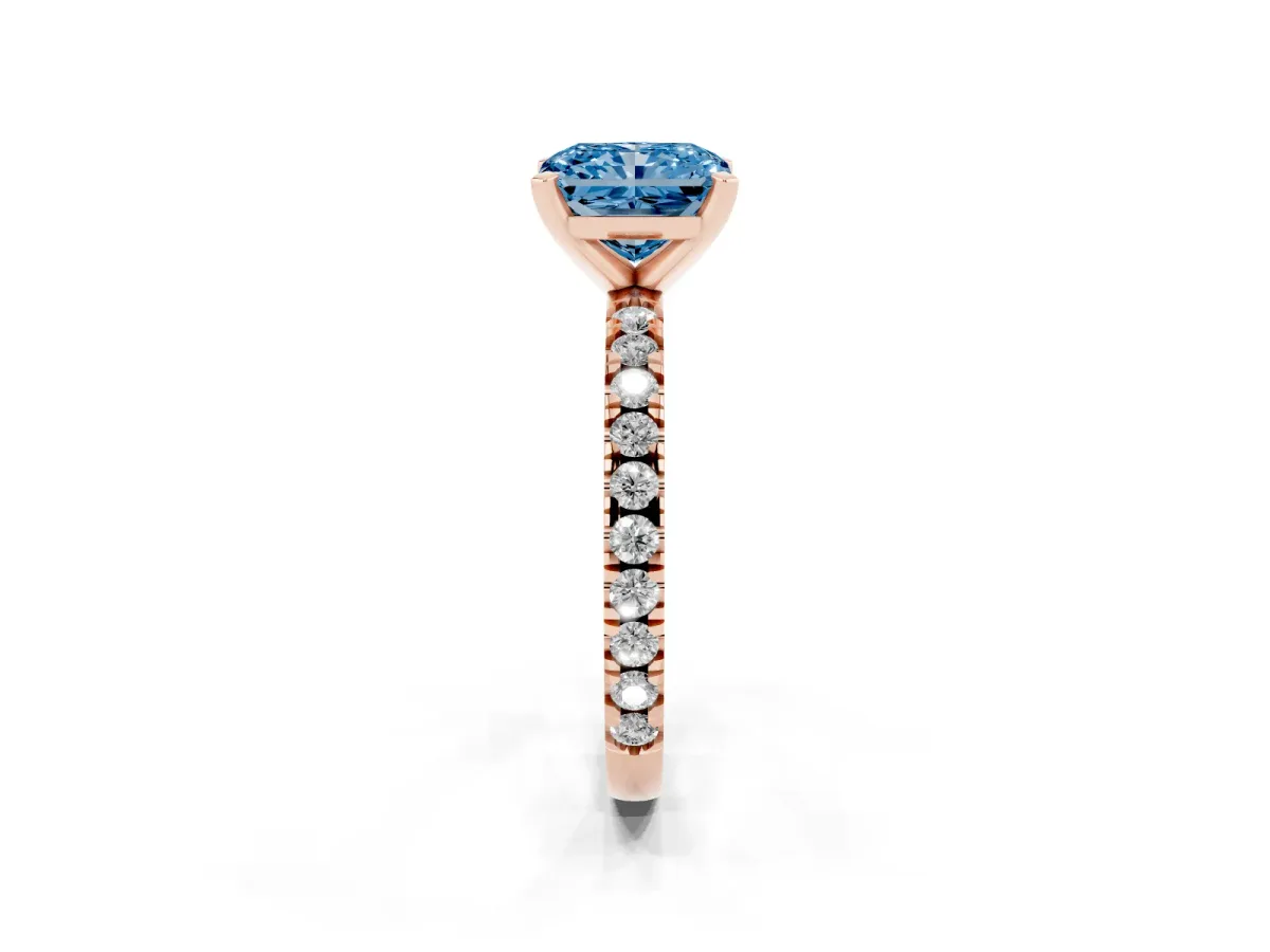 Fancy Blue Radiant Cut Diamond Pavé Band Solitaire with Four-Prong Setting Rose gold