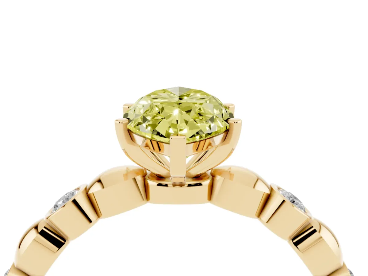 Fancy Yellow Marquise Cut Solitaire Bezel-Set Diamond Ring with Beaded Band and Four-Prong Setting Yellow gold