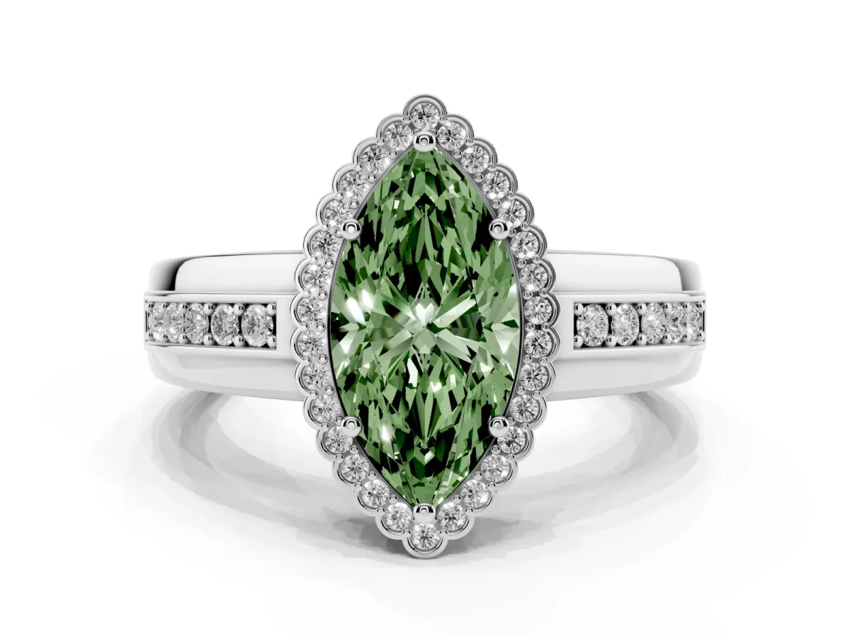 Fancy Green Marquise Cut Cut Halo Pave Band Four-Prong Ring Silver