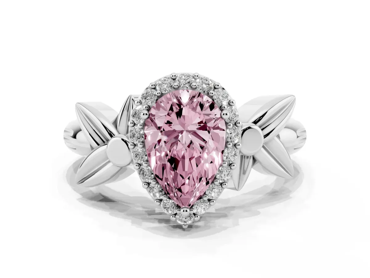 Fancy Pink Pear Cut Halo Diamond Floral Band with Four-Prong Setting White gold