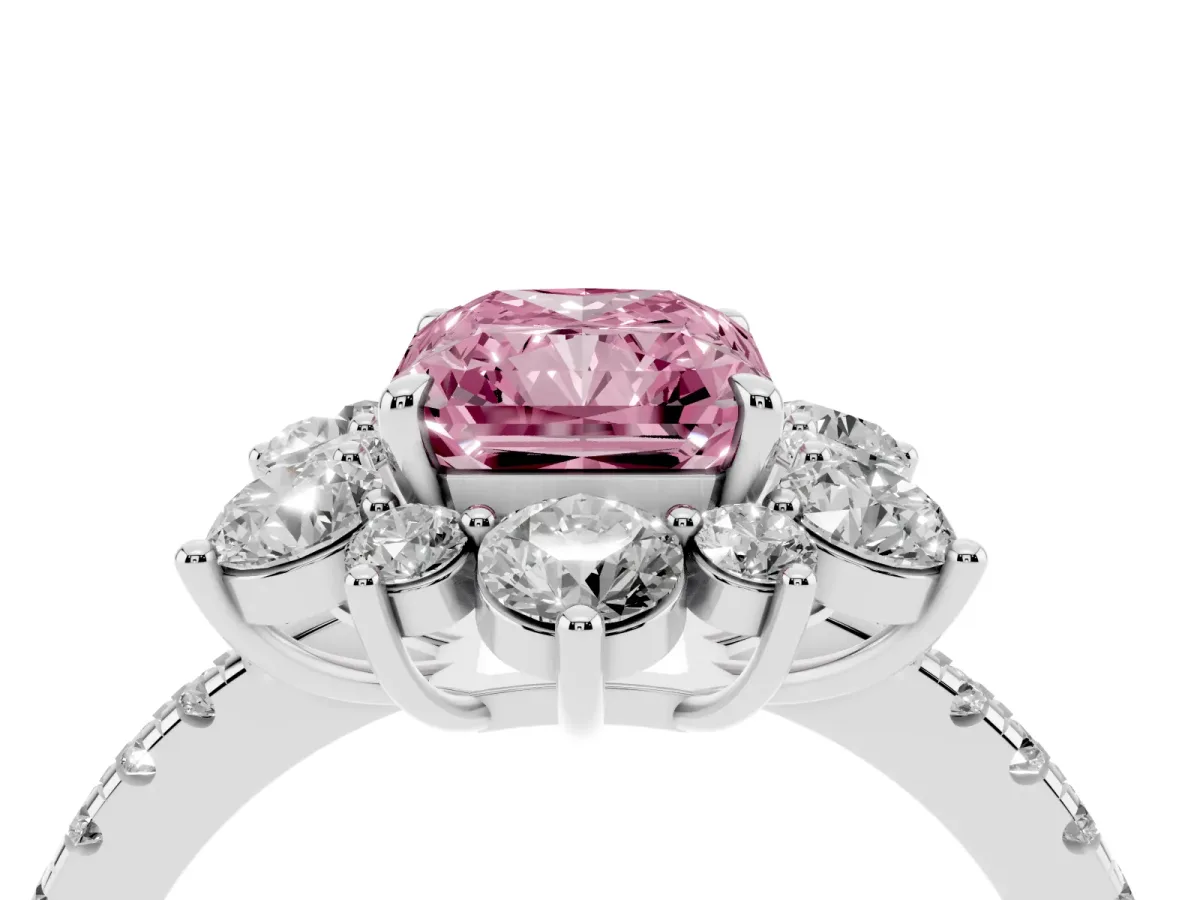 Fancy Pink Radiant Cut Diamond Floral Halo Ring with Round Pavé Band and Prong Setting Silver