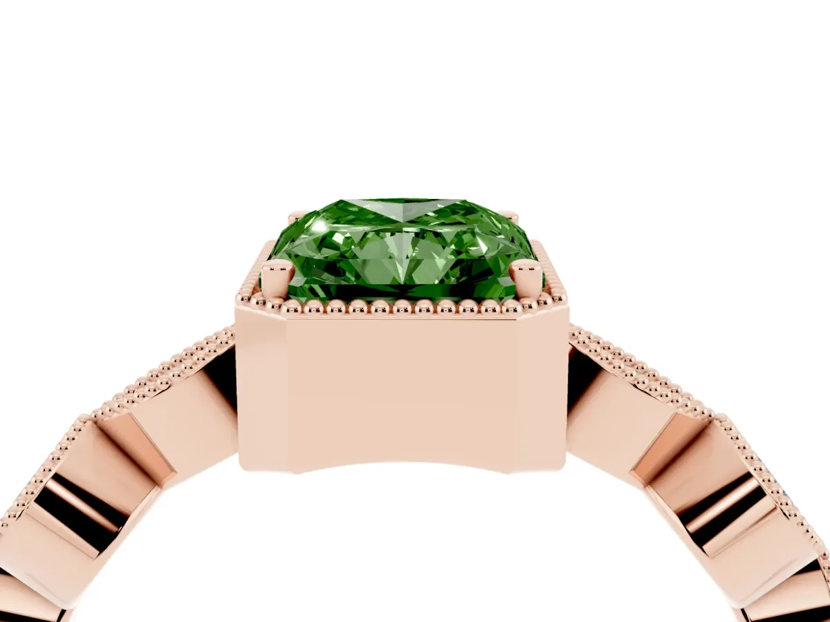 Fancy Green Radiant Cut Diamond Vintage Milgrain Ring with Round Stations Rose gold
