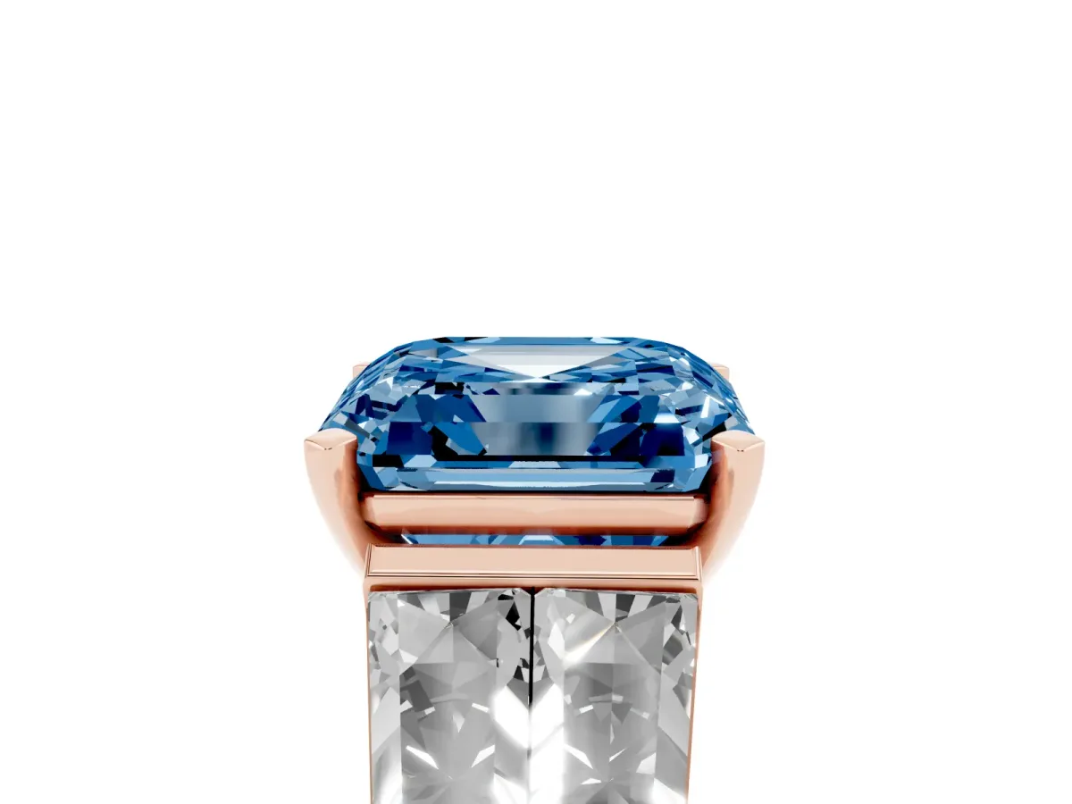Fancy Blue Asscher Cut Diamond Engagement Ring with Baguette Side Stones and Channel Set Band Rose gold