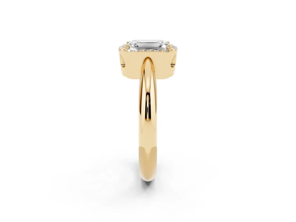 Emerald Cut Cut Diamond Halo Engagement Ring with Split Shank and Four-Prong Setting Yellow gold