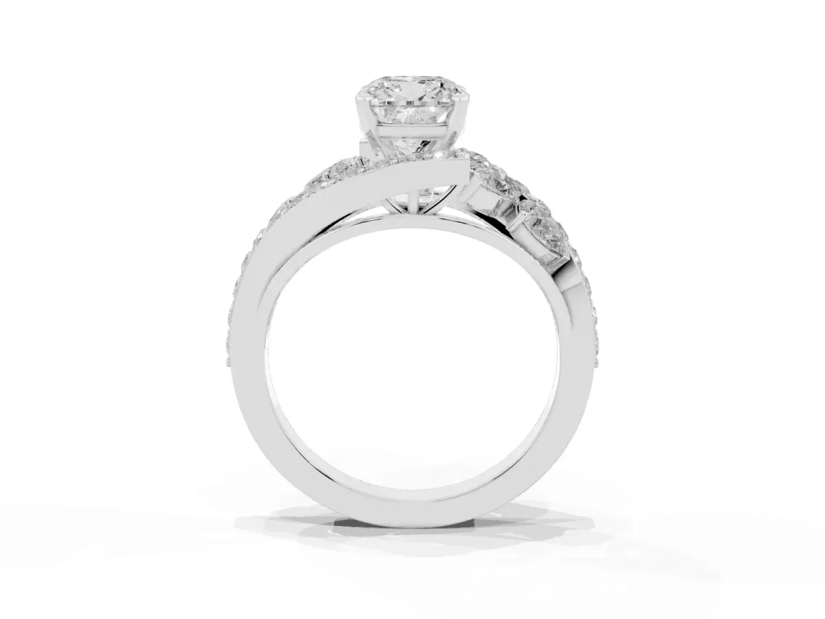Cushion Cut Diamond Halo Ring with Marquise and Pavé Band in Prong Setting Silver