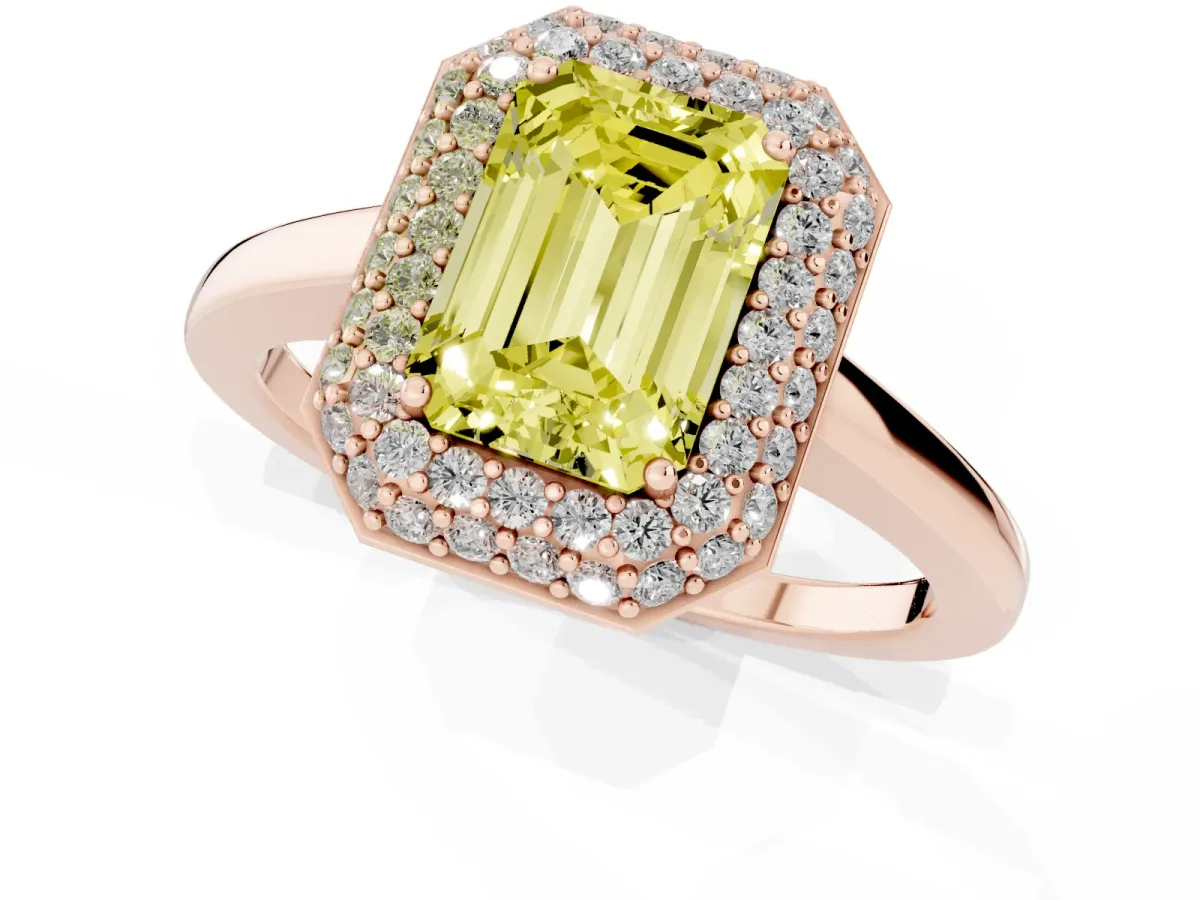 Fancy Yellow Emerald Cut Halo Diamond Engagement Ring with Solitaire Band and Four-Prong Setting Rose gold