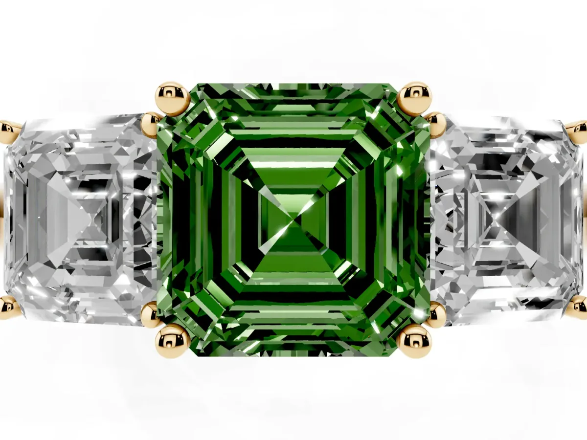 Fancy Green Three-Stone Asscher Cut Cut Diamond Engagement Ring with Prong Setting on a White Gold Band Yellow gold