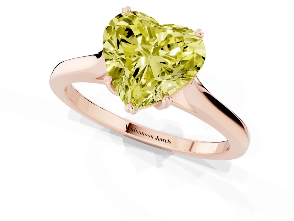 Fancy Yellow Heart Cut Solitaire Heart Prong Engagement Ring with Tapered Band Rose gold