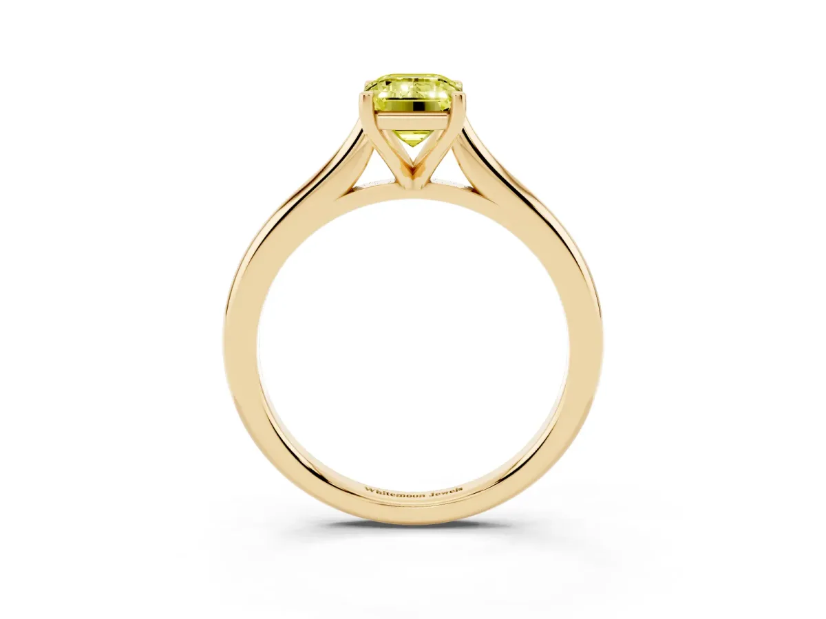 Fancy Yellow Emerald Cut Cut Solitaire Ring with Cathedral Band and Four-Prong Setting Yellow gold