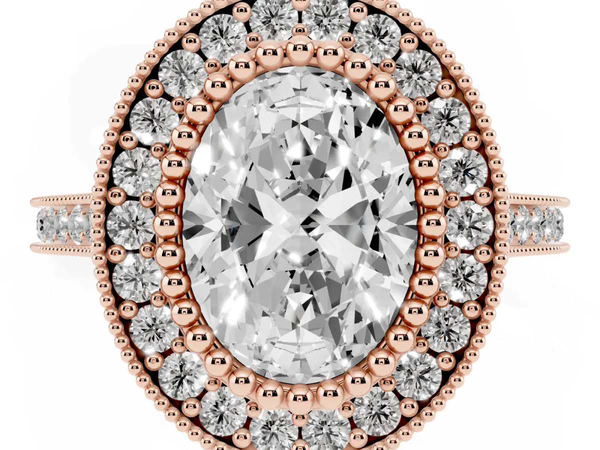 Oval Cut Diamond Halo Ring with Milgrain Frame and Pavé Band Rose gold