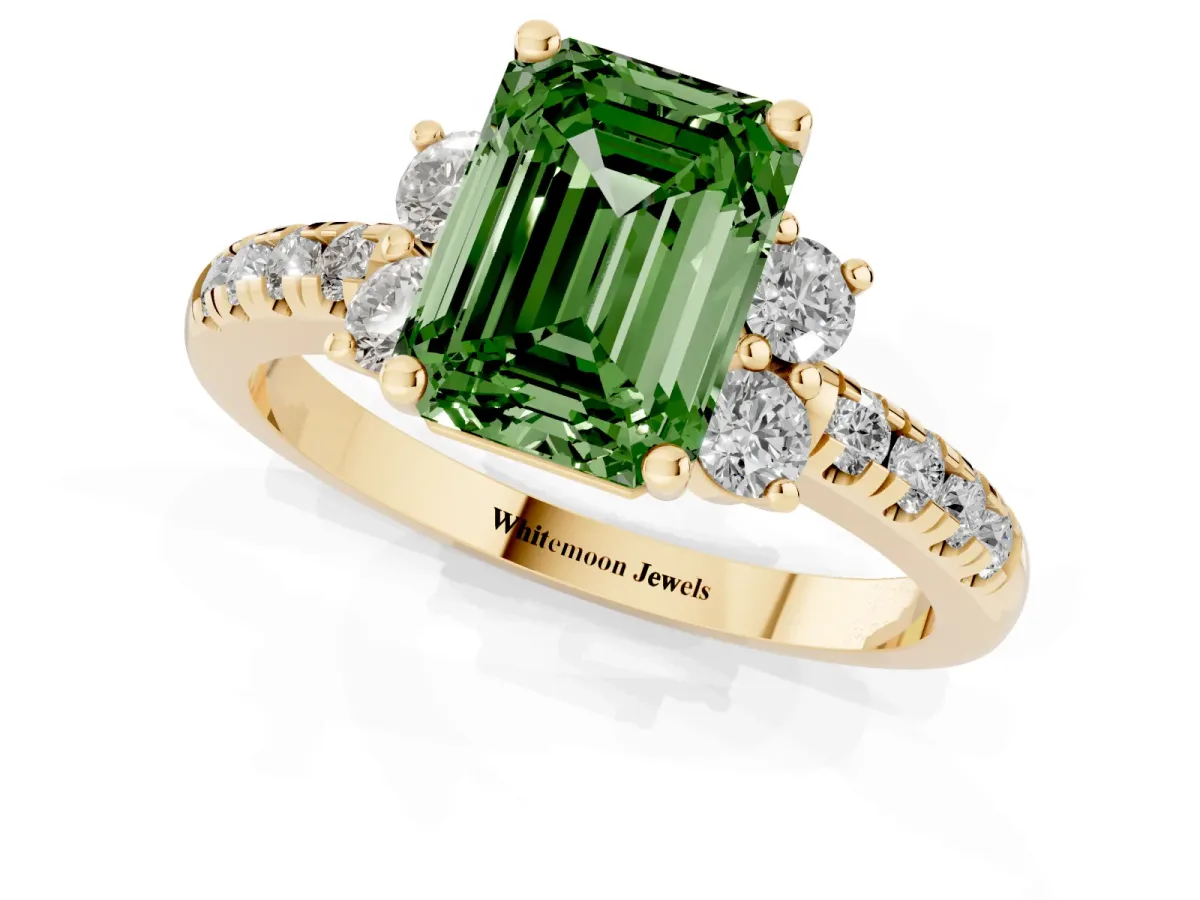 Fancy Green Emerald Cut Diamond Three-Stone Pave Band with Four-Prong Setting Yellow gold