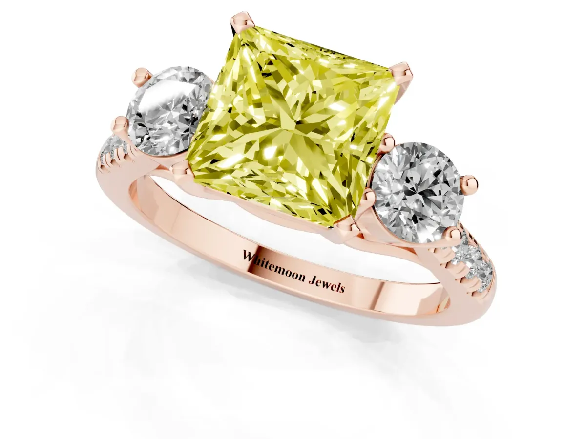 Fancy Yellow Three-Stone Princess Cut Diamond Pavé Band with Four-Prong Setting Rose gold