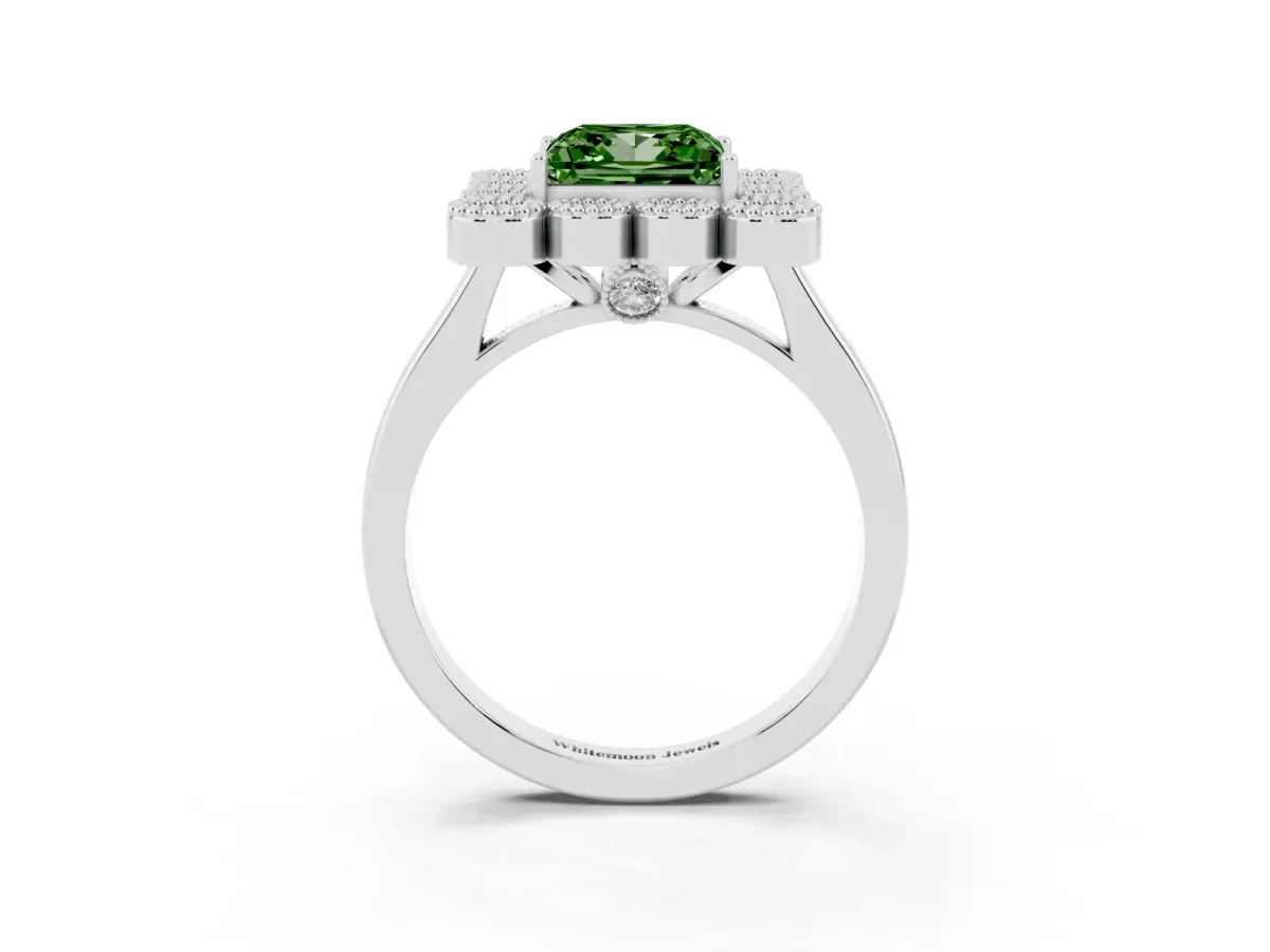 Fancy Green Princess Cut Halo Diamond Cluster Engagement Ring with Milgrain Bezel Setting and Solitaire Band White gold