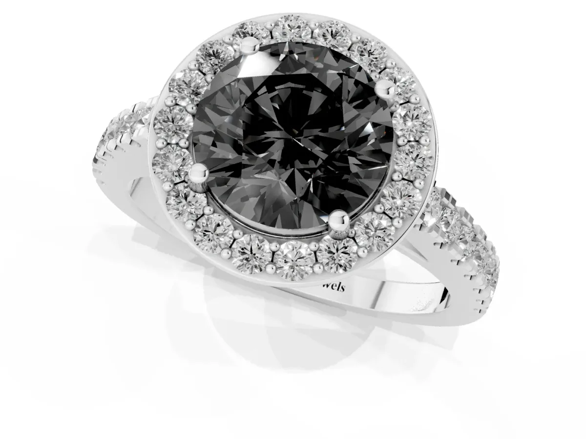 Fancy Black Round Cut Diamond Halo Ring with Round Pavé Split Shank and Prong Setting Platinum