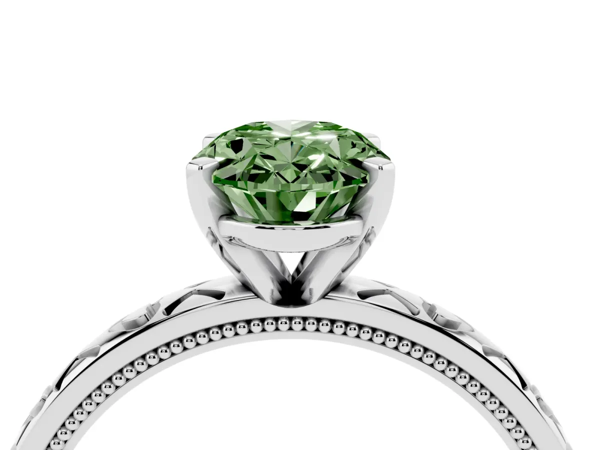 Fancy Green Oval Cut Solitaire Diamond Engagement Ring with XO Engraved Band and Four-Prong Setting Silver