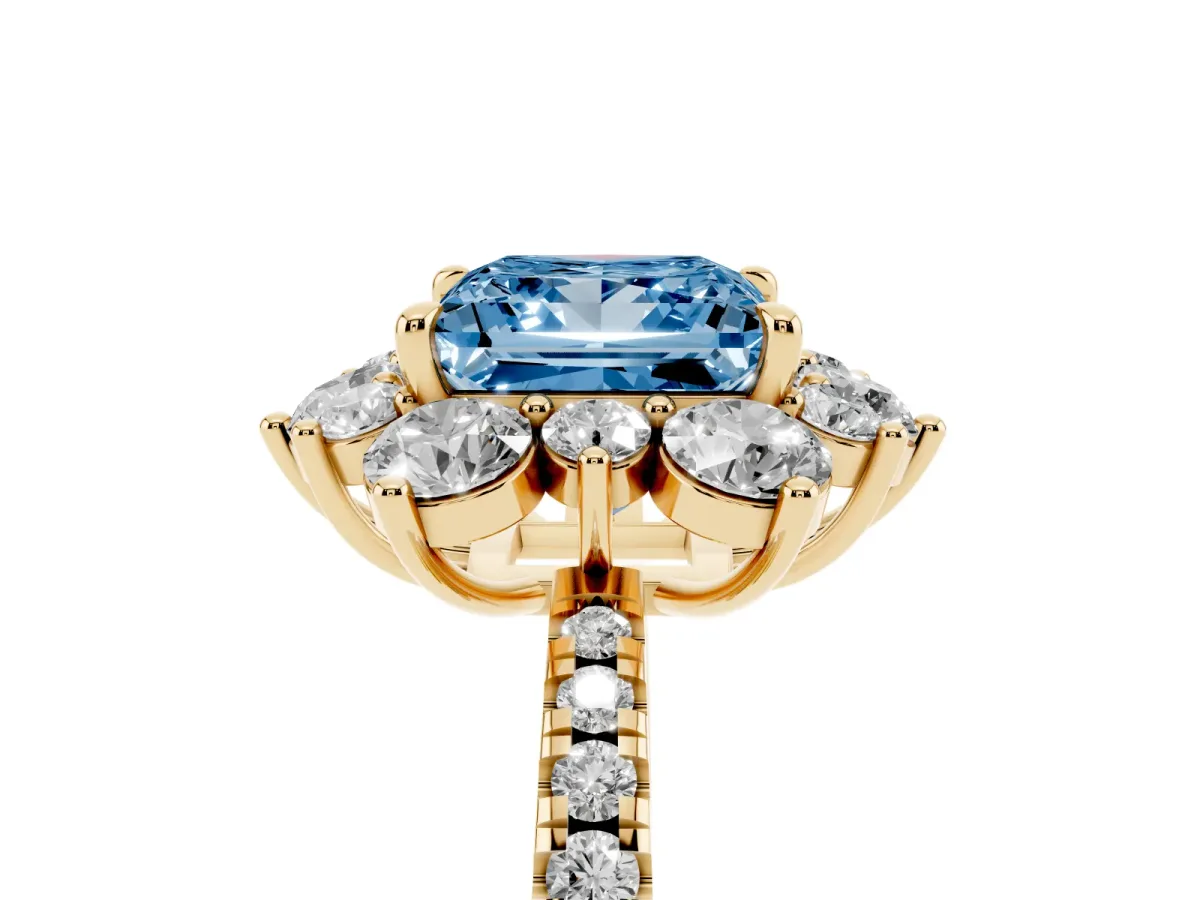 Fancy Blue Princess Cut Diamond Floral Halo Ring with Round Pavé Band and Prong Setting Yellow gold