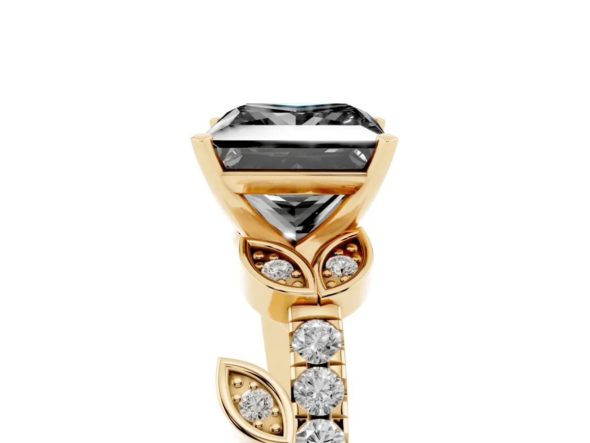 Fancy Black Princess Cut Solitaire Leaf-Inspired Diamond Ring with Pavé Band and Four-Prong Setting Yellow gold