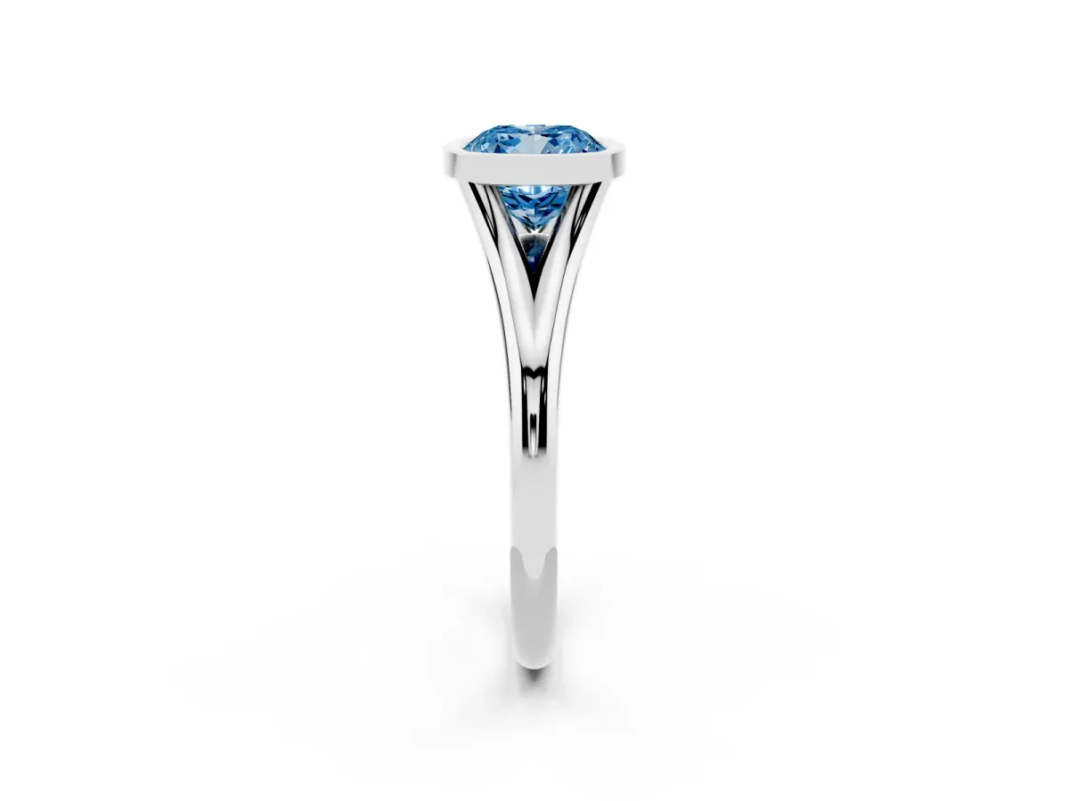 Fancy Blue Bezel Set Cushion Cut Cut Solitaire Ring with Tapered Band Silver