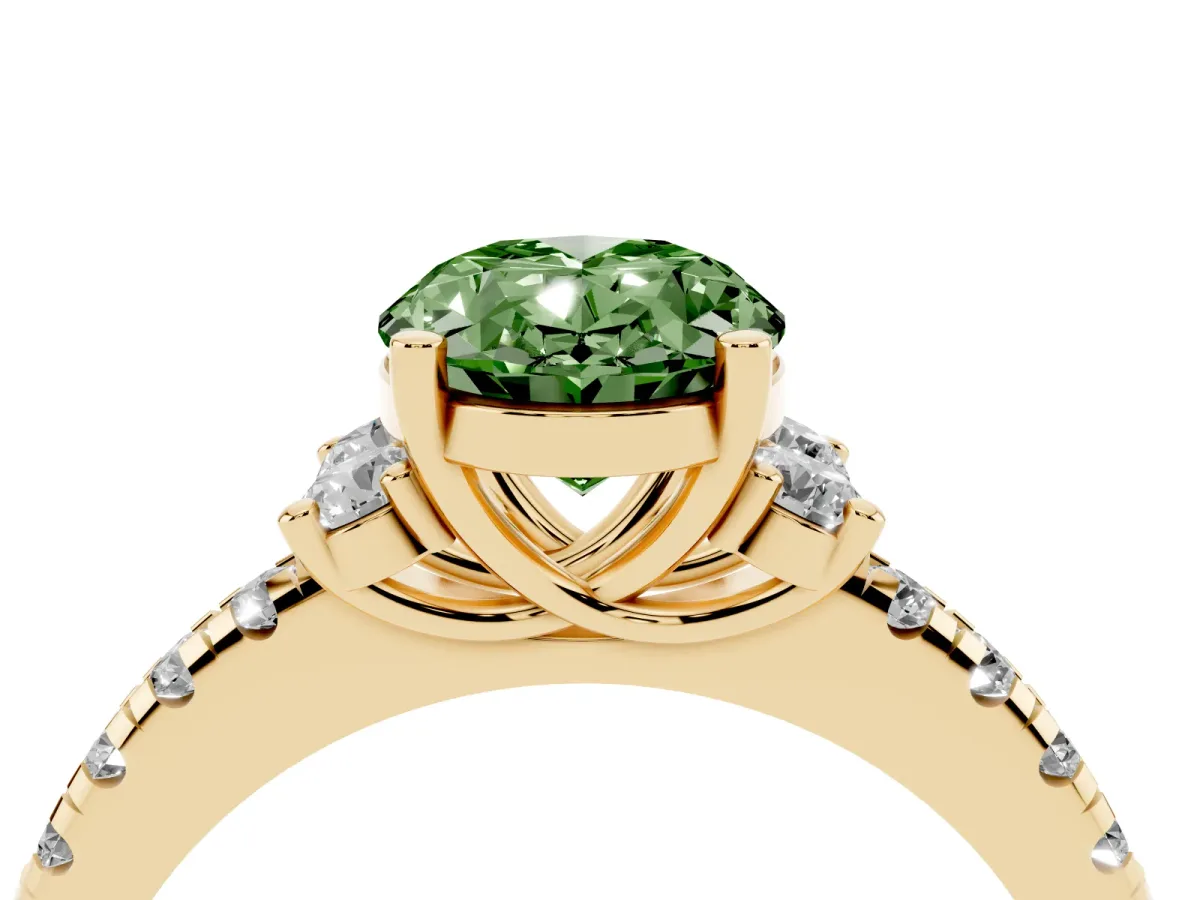 Fancy Green Oval Cut Diamond Three-Stone Pave Band with Four-Prong Setting Yellow gold