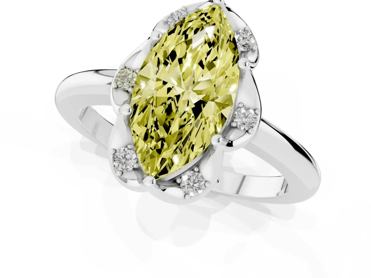 Fancy Yellow Marquise Cut Halo Diamond Ring with Round Cluster Setting, Solitaire Band, and Four-Prong Setting White gold
