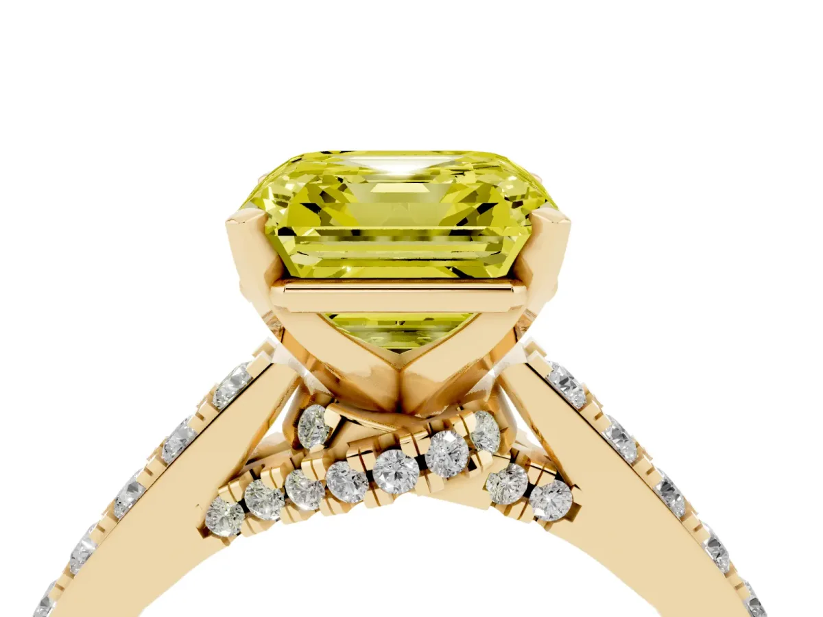 Fancy Yellow Asscher Cut Diamond Solitaire Ring with Crossover Gallery and Round Pavé Band Yellow gold