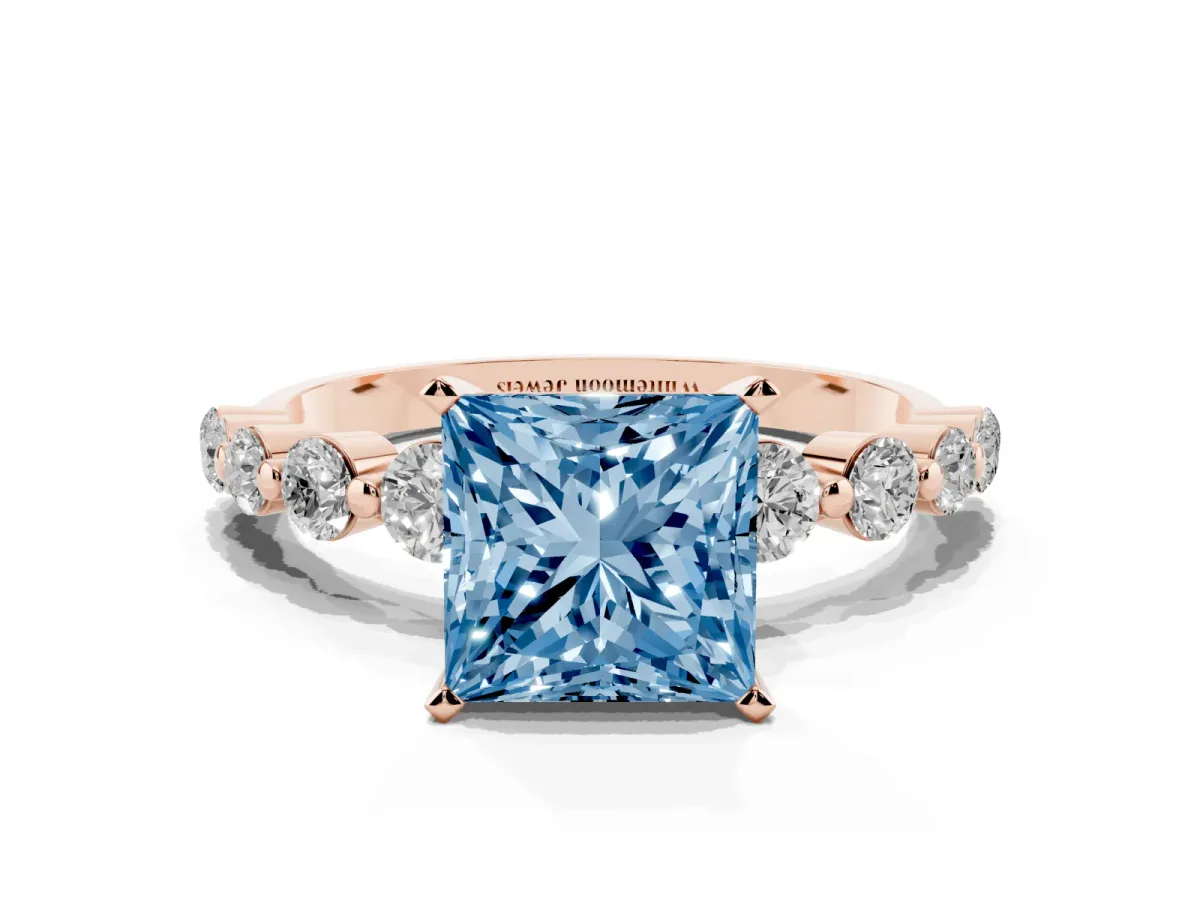 Fancy Blue Princess Cut Solitaire Diamond Ring with Pave Band and Four-Prong Setting Rose gold