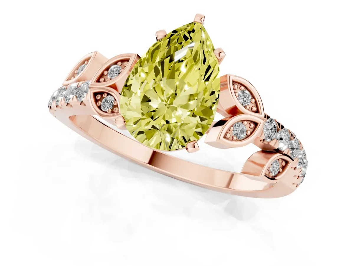 Fancy Yellow Pear Cut Solitaire Leaf-Inspired Diamond Ring with Pavé Band and Four-Prong Setting Rose gold