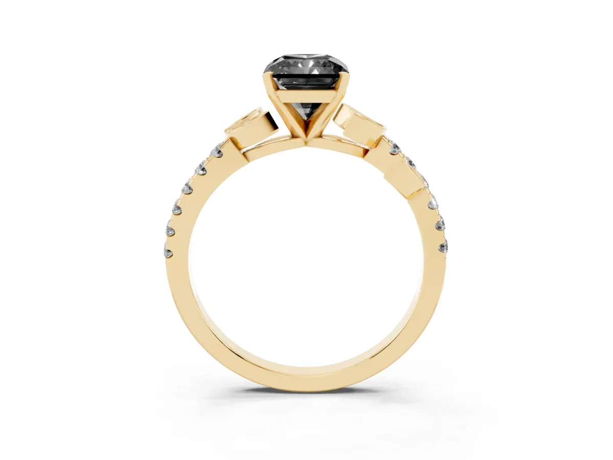 Fancy Black Radiant Cut Solitaire Leaf-Inspired Diamond Ring with Pavé Band and Four-Prong Setting Yellow gold