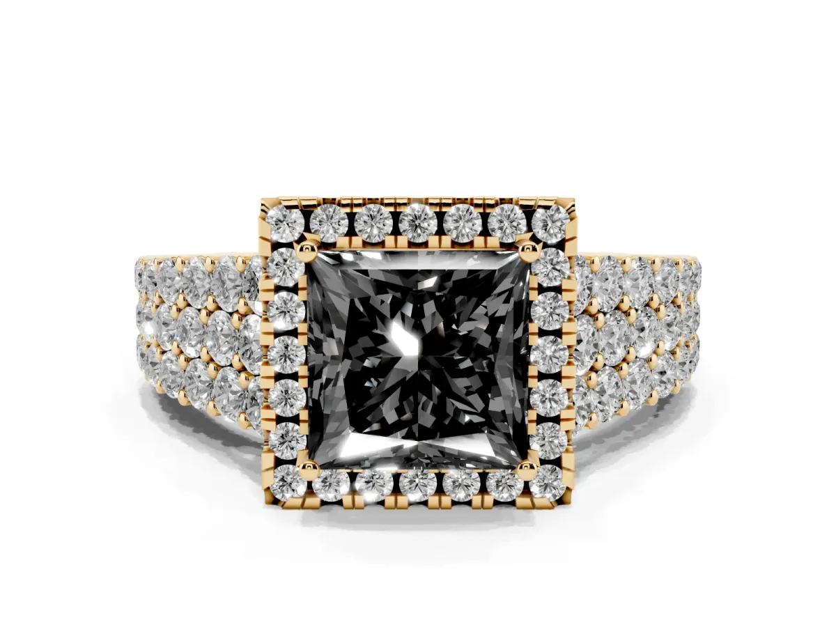 Fancy Black Princess Cut Diamond Halo Engagement Ring with Triple Row Round Pavé Band and Prong Setting Yellow gold