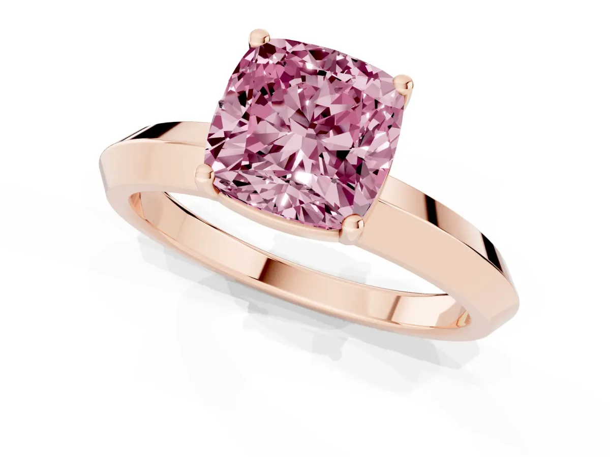 Fancy Pink Cushion Cut Cut Solitaire Engagement Ring with Flat Band and Four-Prong Setting Rose gold