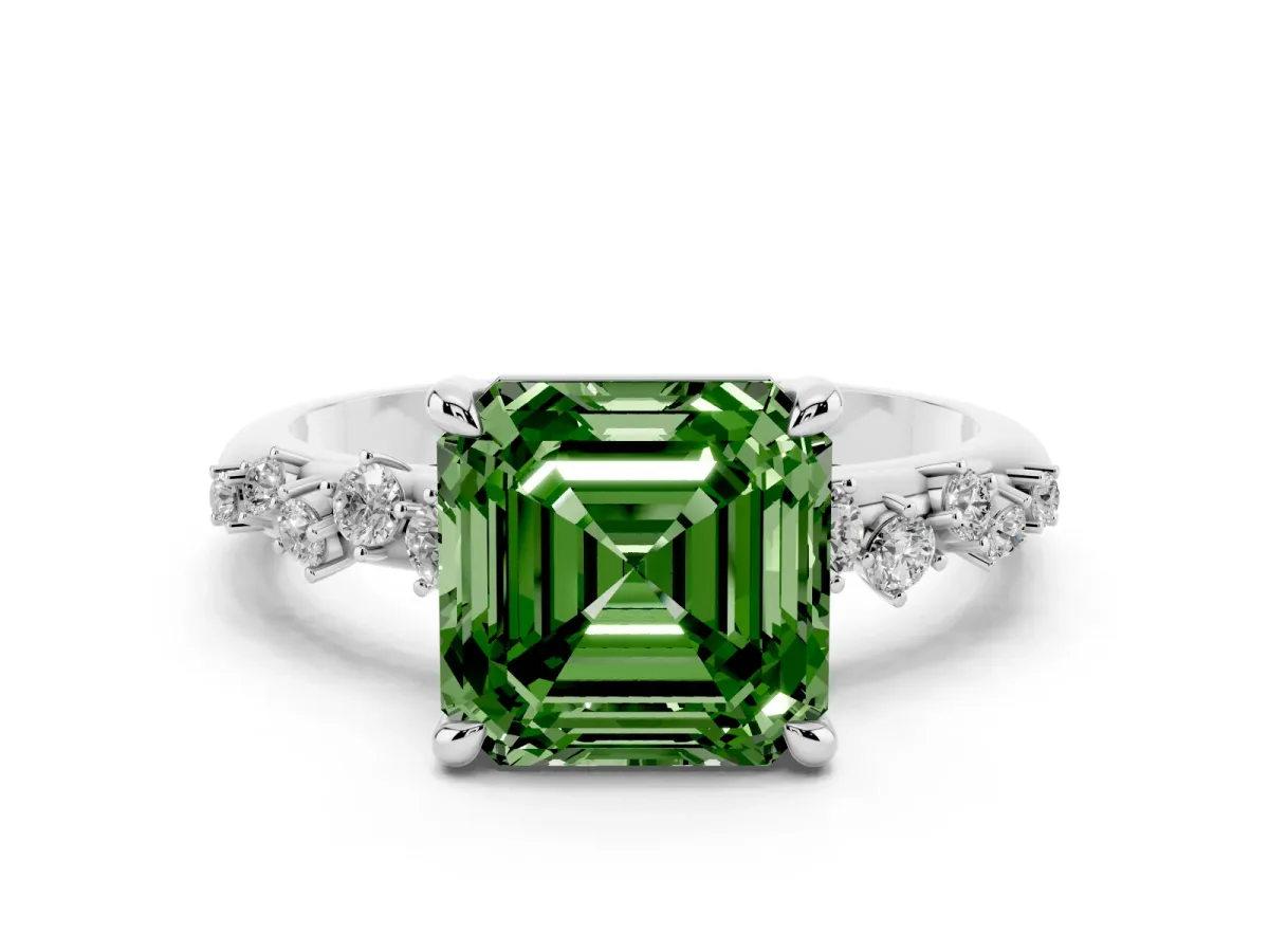 Fancy Green Asscher Cut Cut Diamond Vine Band with Four-Prong Setting Silver