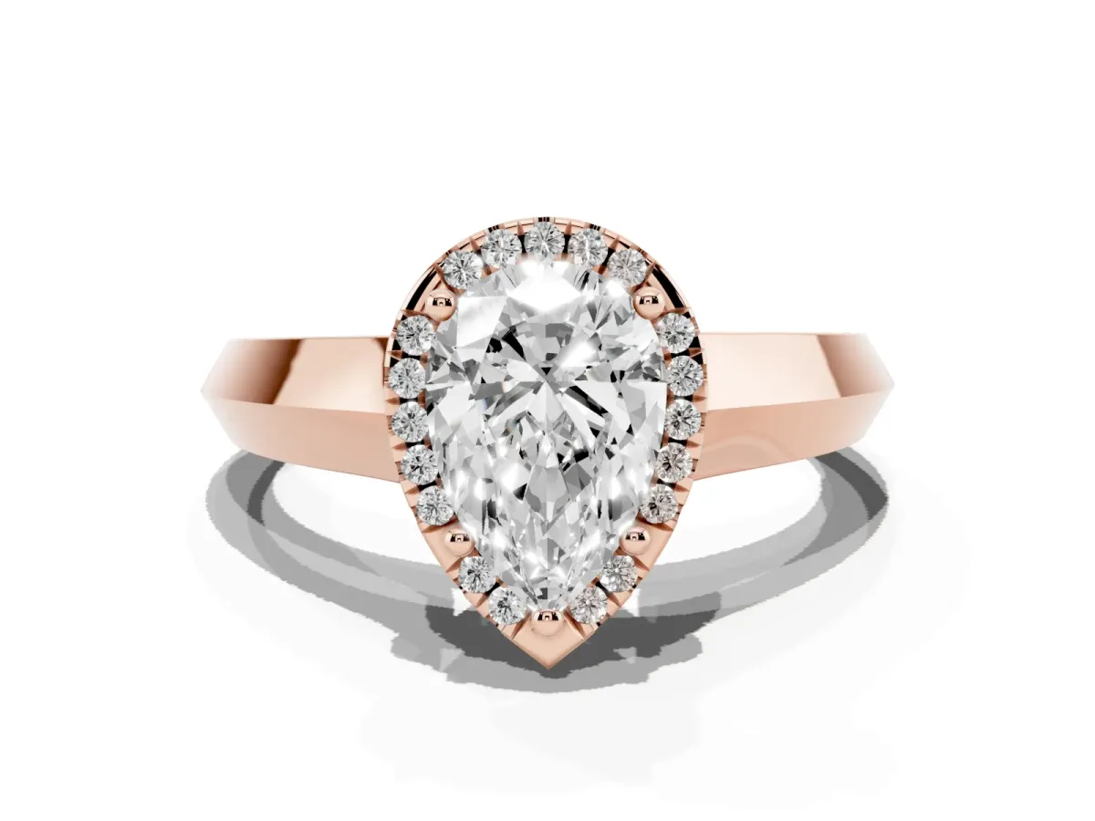 Pear Cut Halo Diamond Ring with Cathedral Band and Four-Prong Setting Rose gold