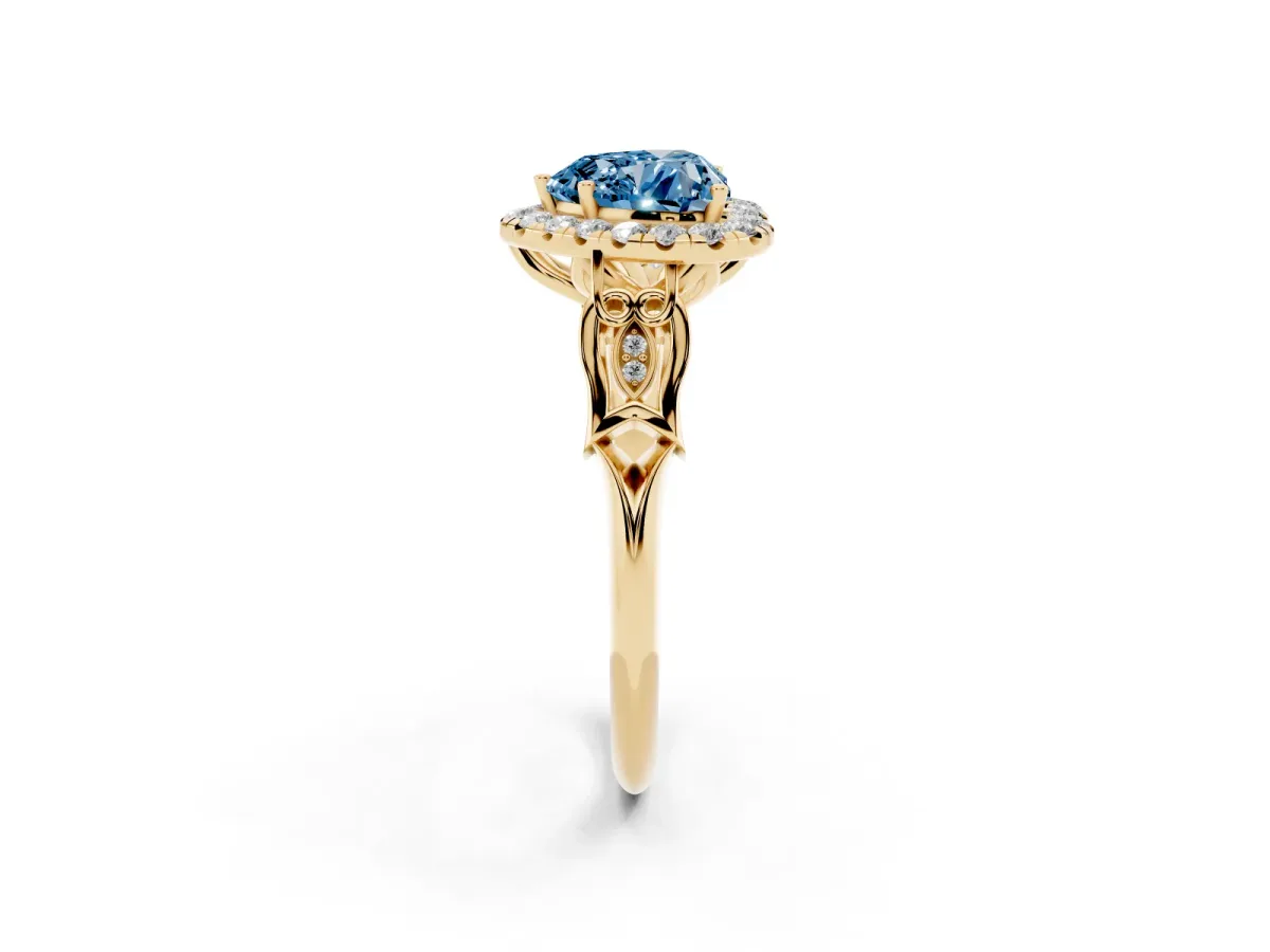 Fancy Blue Heart Cut Halo Diamond Engagement Ring with Filigree Band and Four-Prong Setting Yellow gold