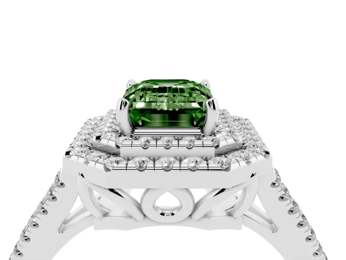 Fancy Green Emerald Cut Diamond Double Halo Ring with Pavé Band and Prong Setting Silver