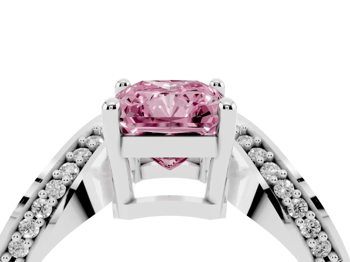Fancy Pink Radiant Cut Solitaire Diamond Engagement Ring with Pave Band and Four-Prong Setting Silver