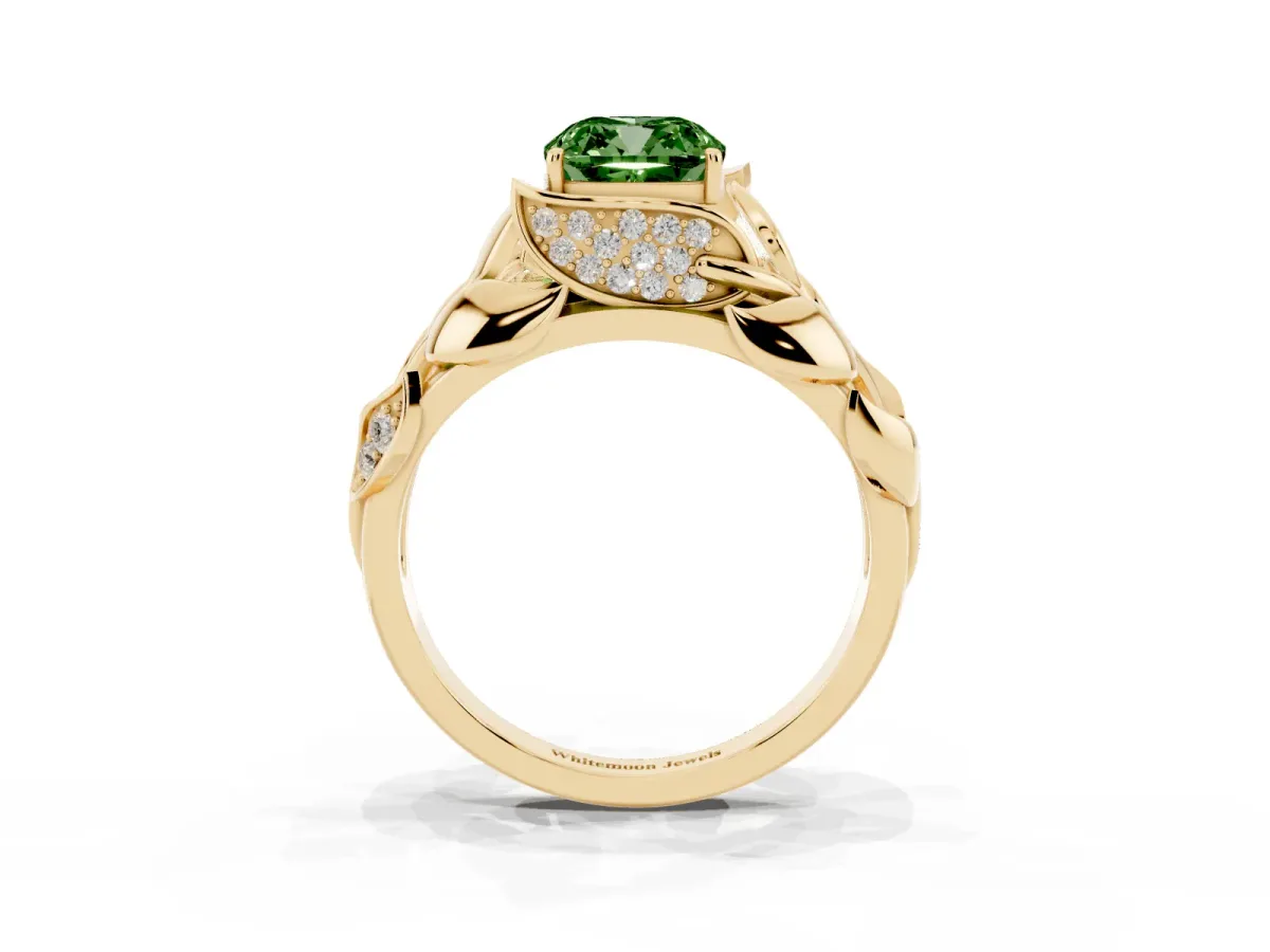 Fancy Green Cushion Cut Diamond Leaf-Inspired Engagement Ring with Round Accents and Prong Setting Yellow gold