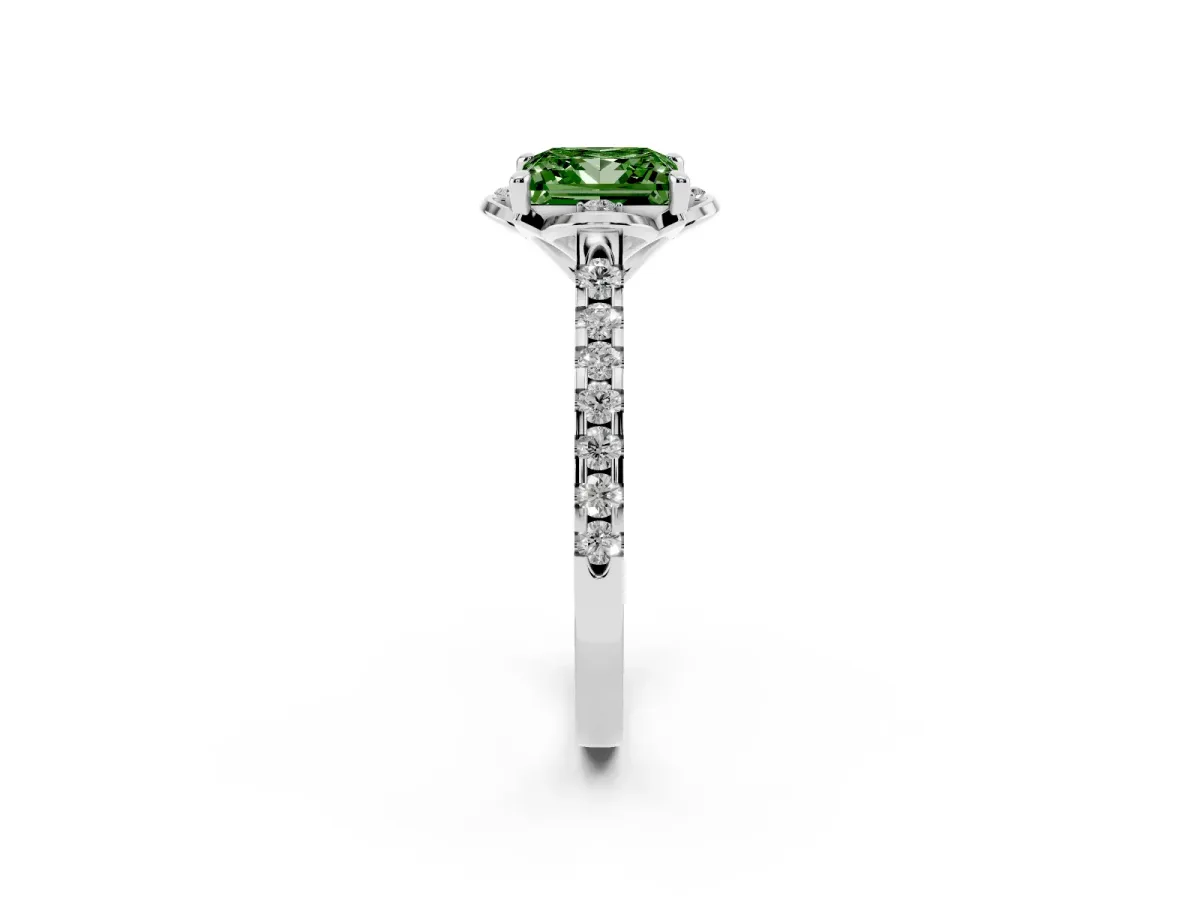 Fancy Green Princess Cut Diamond Ring with Pavé Band and Floral Prong Setting White gold