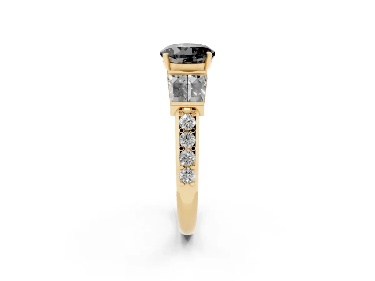 Fancy Black Round Cut Diamond Engagement Ring with Baguette Side Stones and Channel Set Band Yellow gold